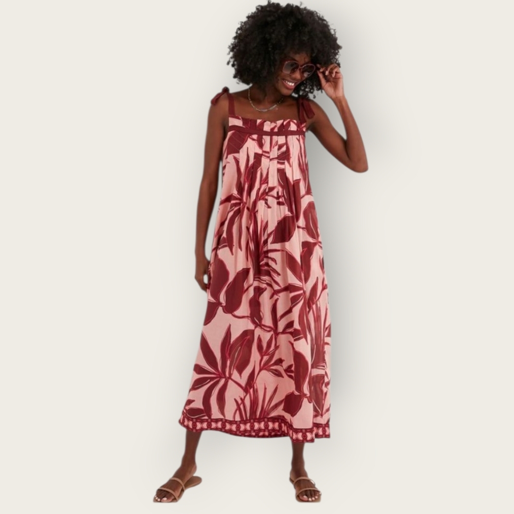 TUCKERNUCK Beach Sangria Palm Tie Shoulder Tropical Summer Maxi Dress Small
